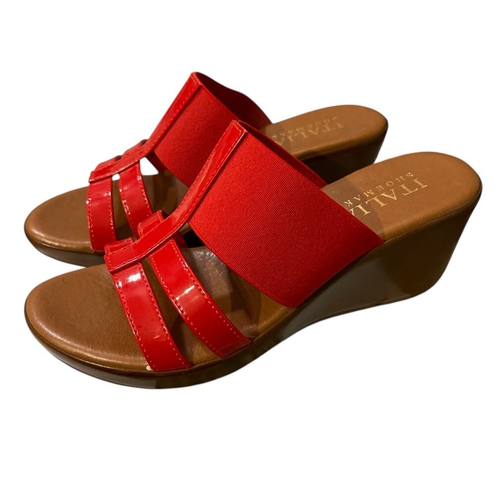 Italian Shoemakers Women's Red Wedge One Stretch and Two Faux Patent Straps 7.5